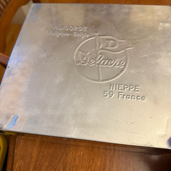 Delacre Vintage Metal Biscuit Tin Box Vilvoorde Nieppe France Silver