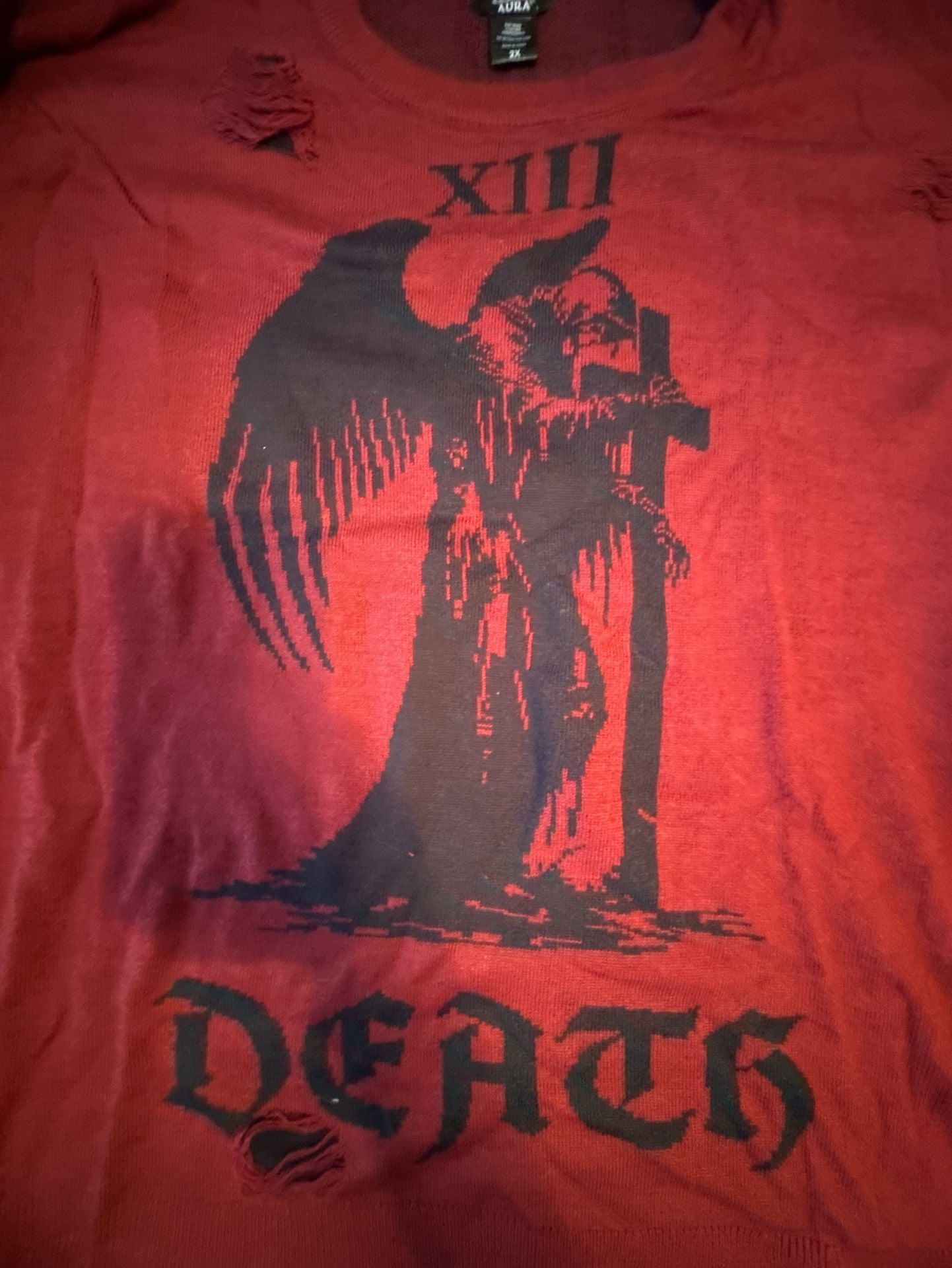 Cosmic Aura Death Grim Reaper Distressed Knit Sweater Size 2X Red 5