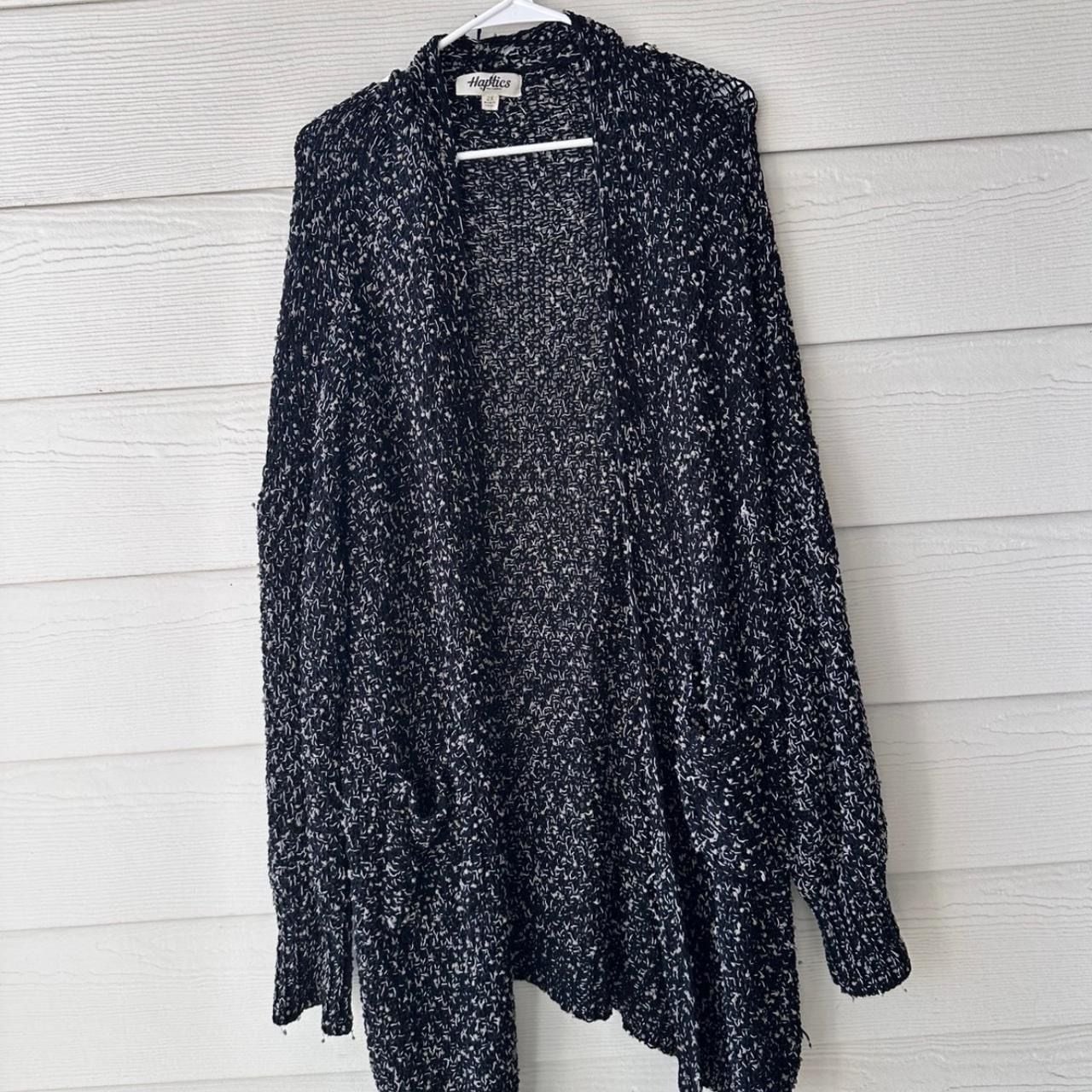 Haptics Open Front Cardigan Sweater Size 2X Black White Marled Knit Pockets 2