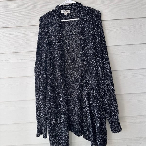 Haptics Open Front Cardigan Sweater Size 2X Black White Marled Knit Pockets
