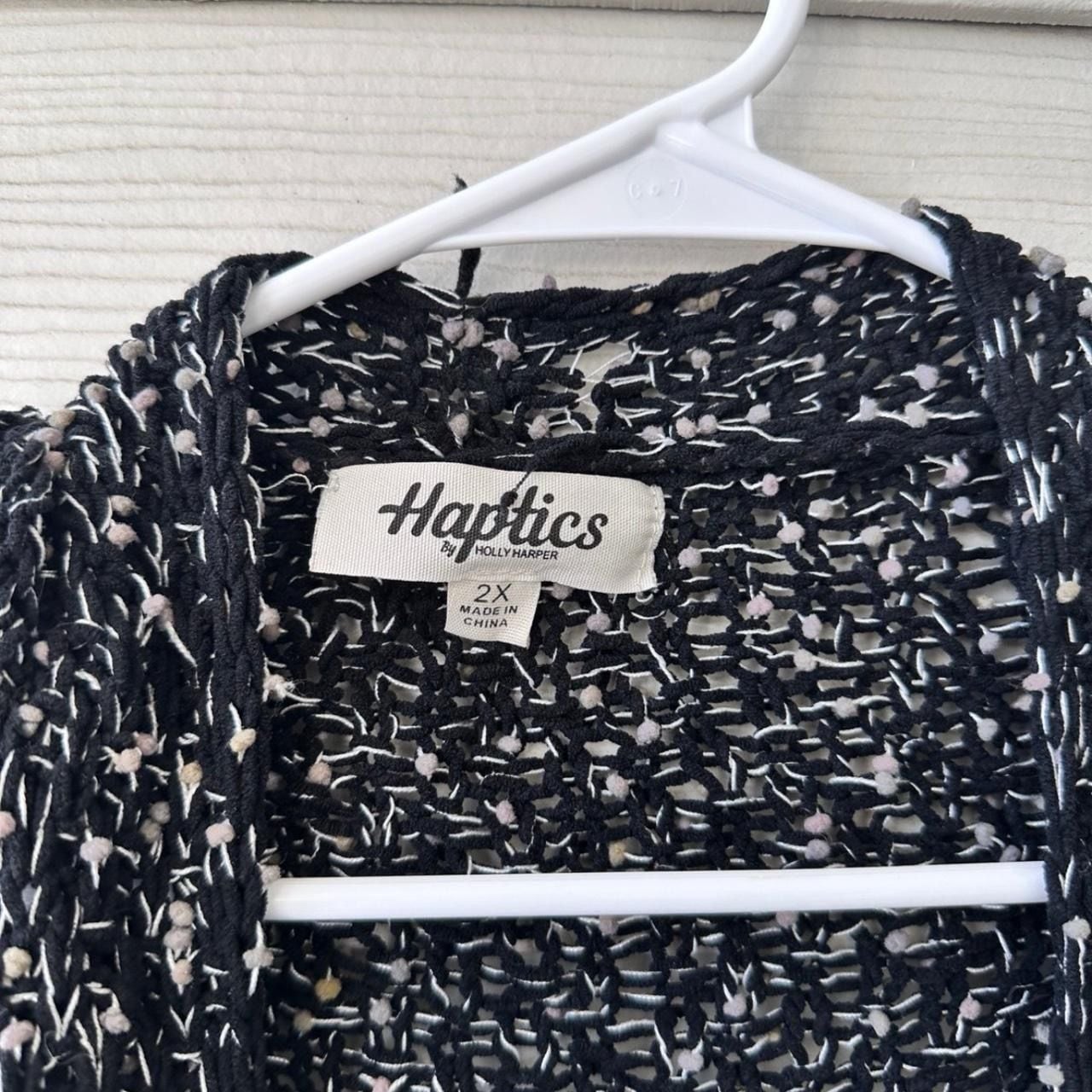 Haptics Open Front Cardigan Sweater Size 2X Black White Marled Knit Pockets 4