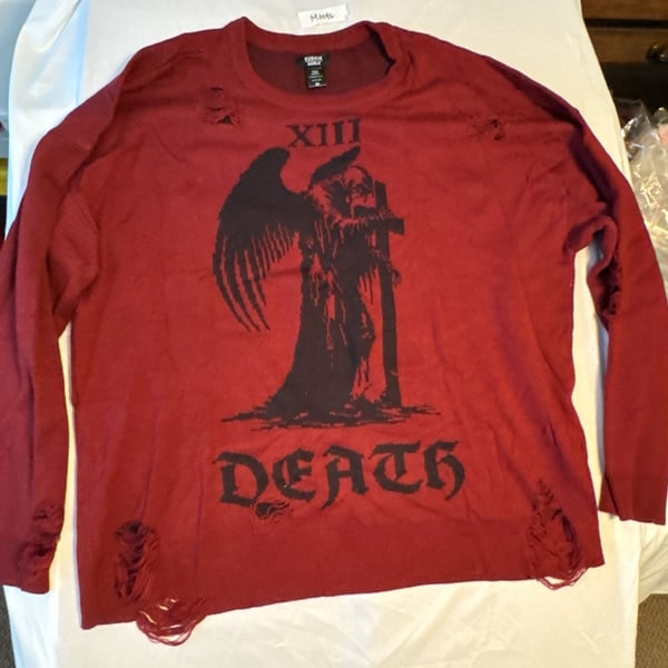Cosmic Aura Death Grim Reaper Distressed Knit Sweater Size 2X Red
