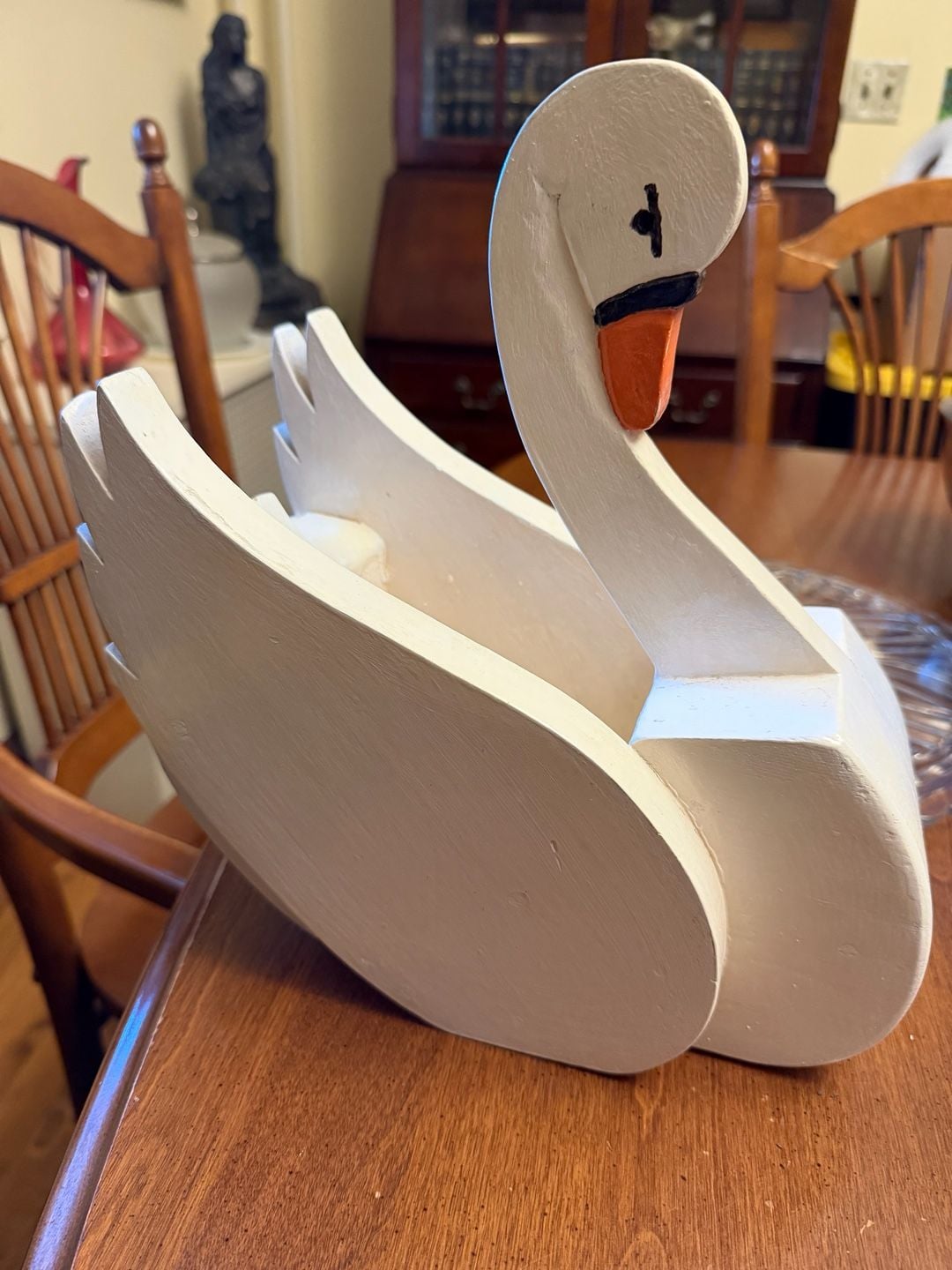 Vintage Handcrafted Wooden White Swan Basket Planter Folk Art 1