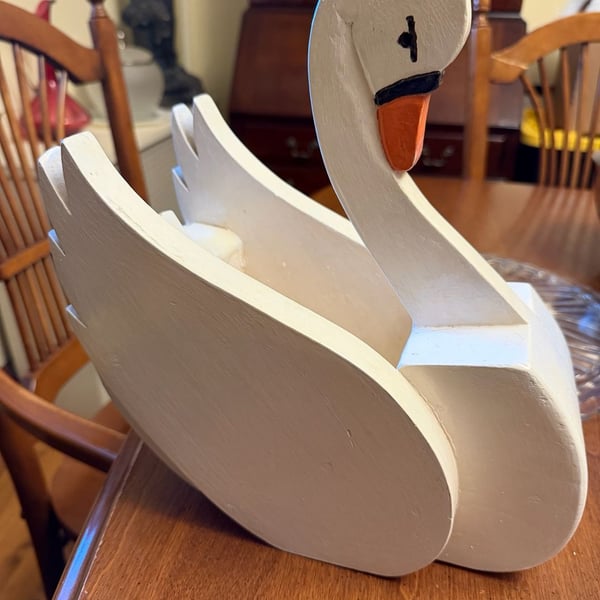 Vintage Handcrafted Wooden White Swan Basket Planter Folk Art