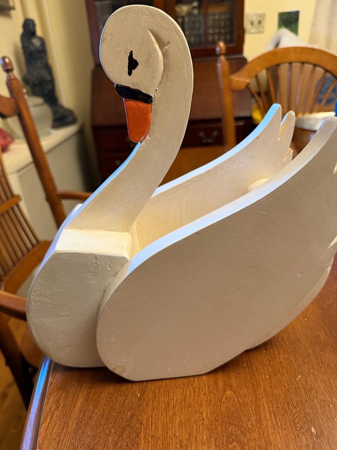 Vintage Handcrafted Wooden White Swan Basket Planter Folk Art 2