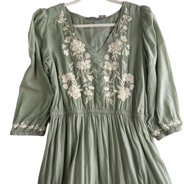 Lucky Brand Embroidered Tiered boho cottagecore Dress Size M Sage Green
