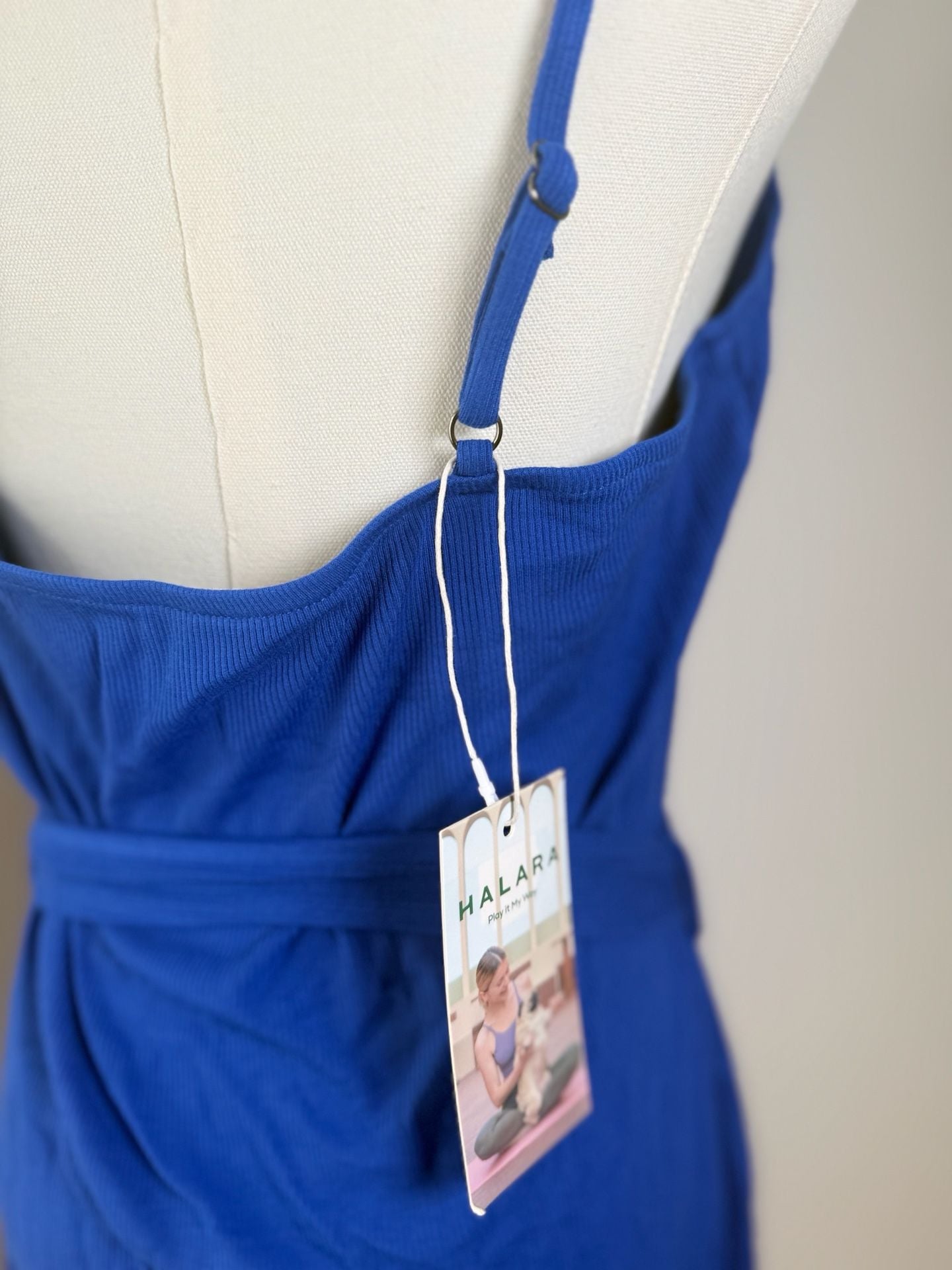 Halara Midi Dress Size XL Blue Ribbed Tie Belt Strap 7