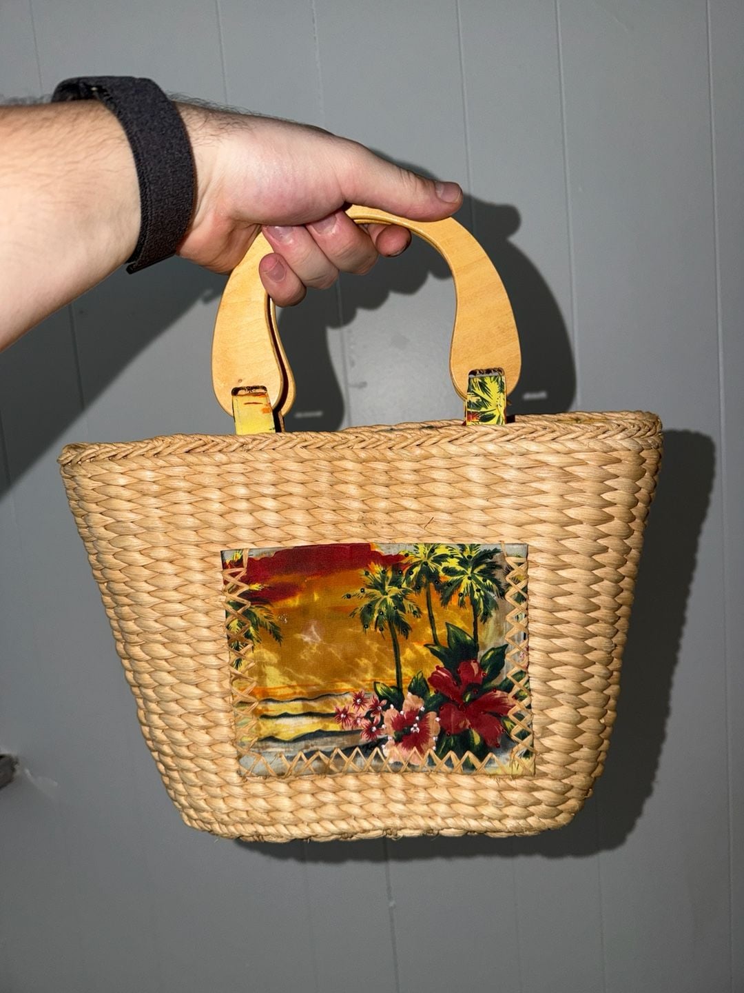 Sun N Sand Straw Handbag Tropical Floral Wood Handles 2