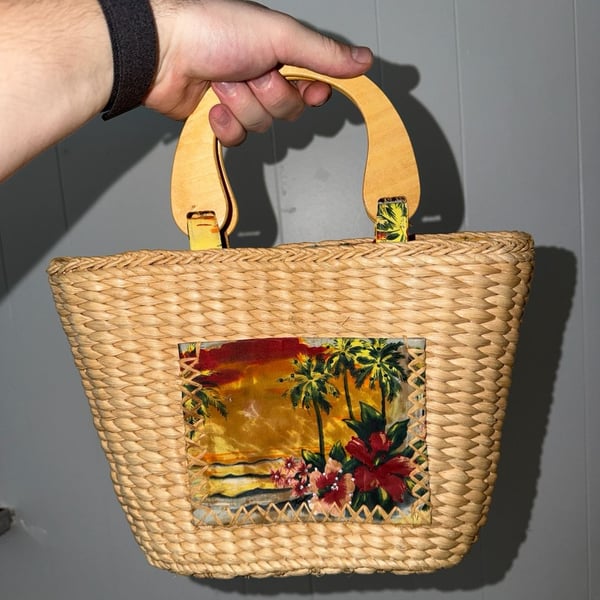 Sun N Sand Straw Handbag Tropical Floral Wood Handles