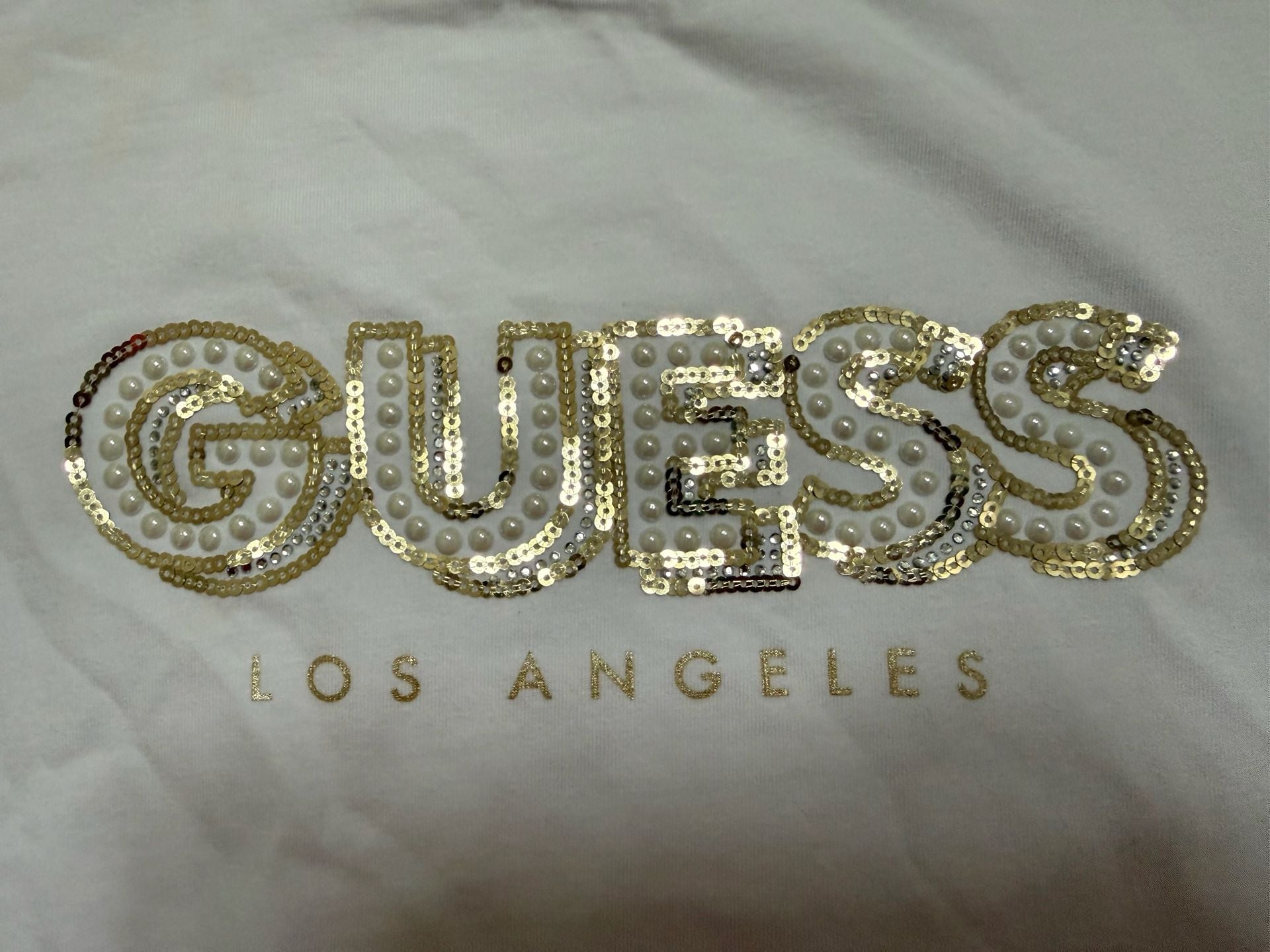 Guess Los Angeles Sequin Pearl Logo T-Shirt Size L White Cotton 2
