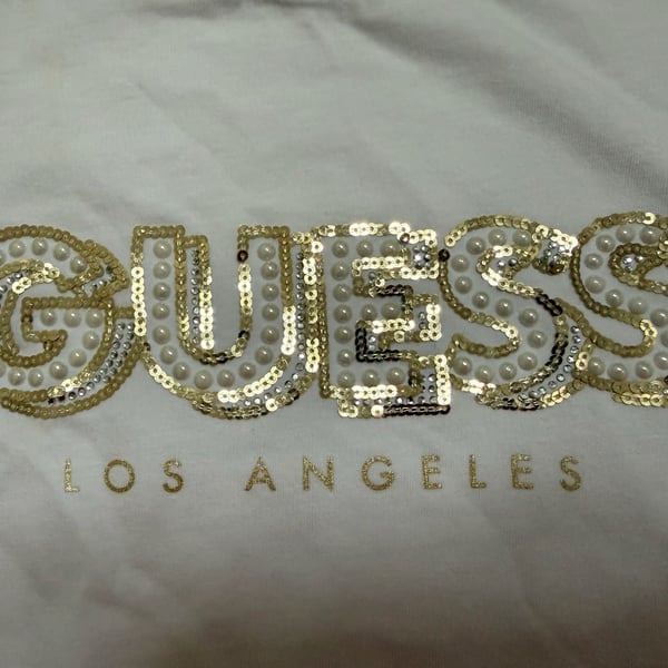 Guess Los Angeles Sequin Pearl Logo T-Shirt Size L White Cotton