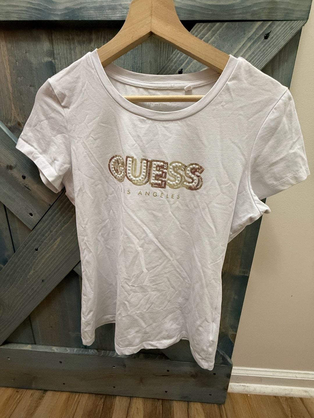 Guess Los Angeles Sequin Pearl Logo T-Shirt Size L White Cotton 3