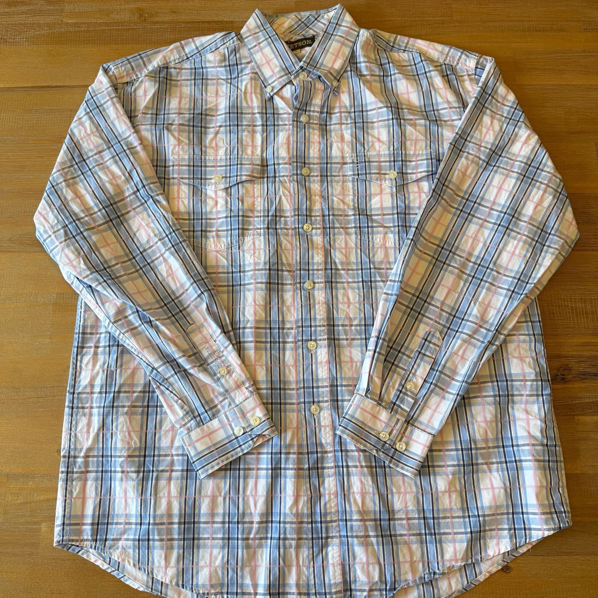 Stetson Western Shirt Large Blue Pink Plaid Long Sleeve Button Down Cotton Mens 2
