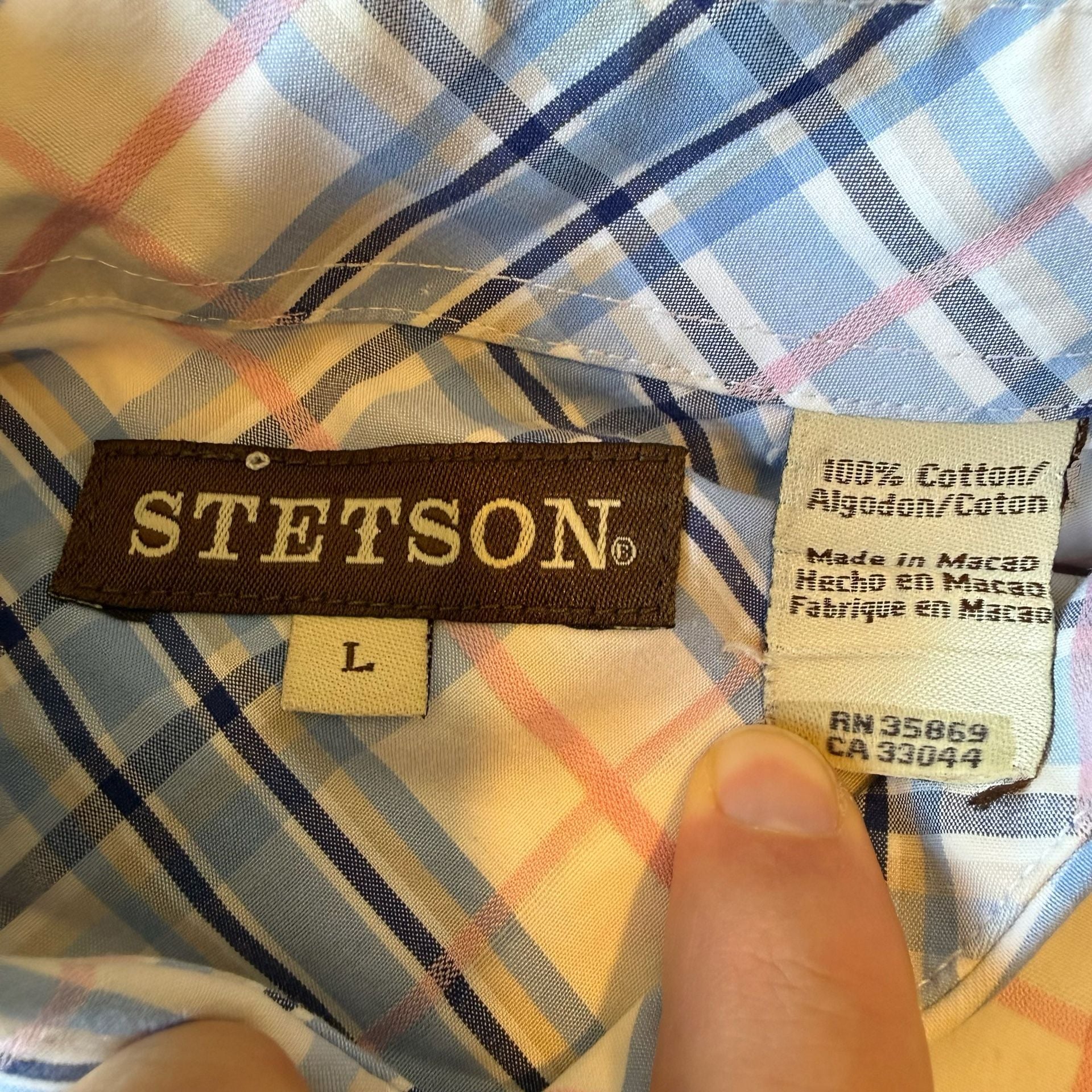 Stetson Western Shirt Large Blue Pink Plaid Long Sleeve Button Down Cotton Mens 4