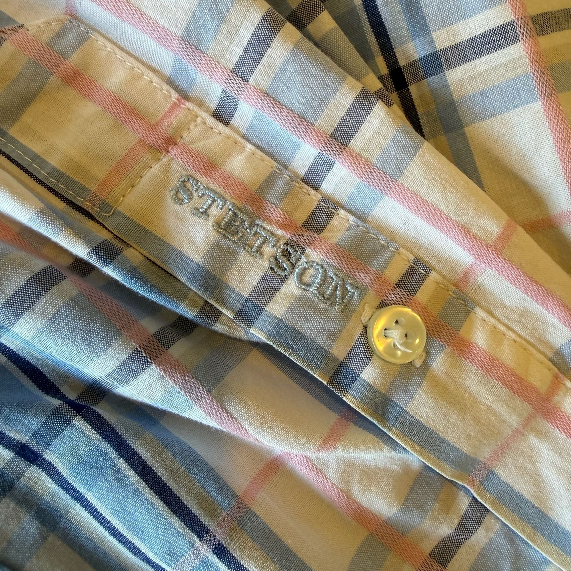 Stetson Western Shirt Large Blue Pink Plaid Long Sleeve Button Down Cotton Mens 9