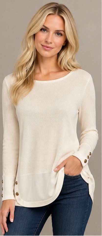 Calvin Klein NWT Alabaster Textured High Low Tunic Sweater Gold Buttons L 2
