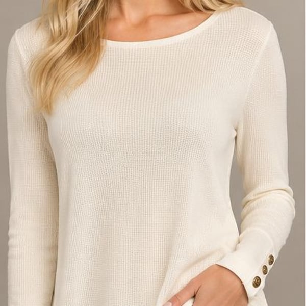 Calvin Klein NWT Alabaster Textured High Low Tunic Sweater Gold Buttons L