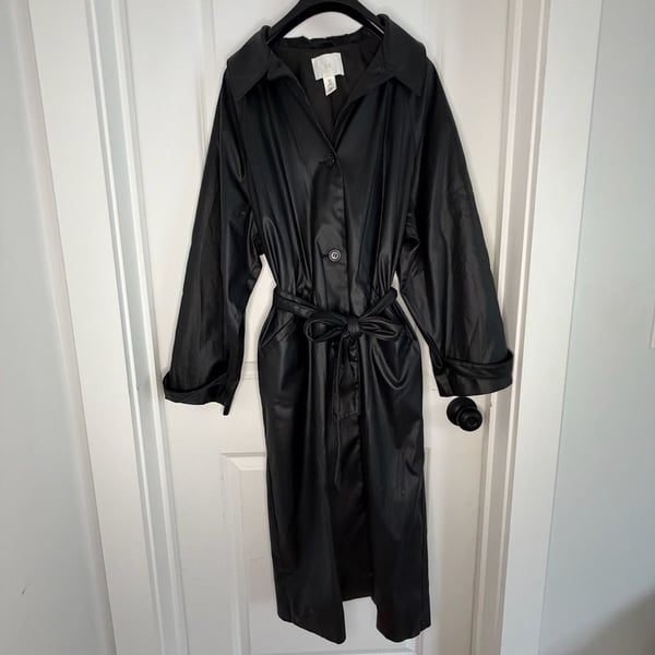 H&M Faux Leather Trench Coat Size M Black Belted Long Jacket