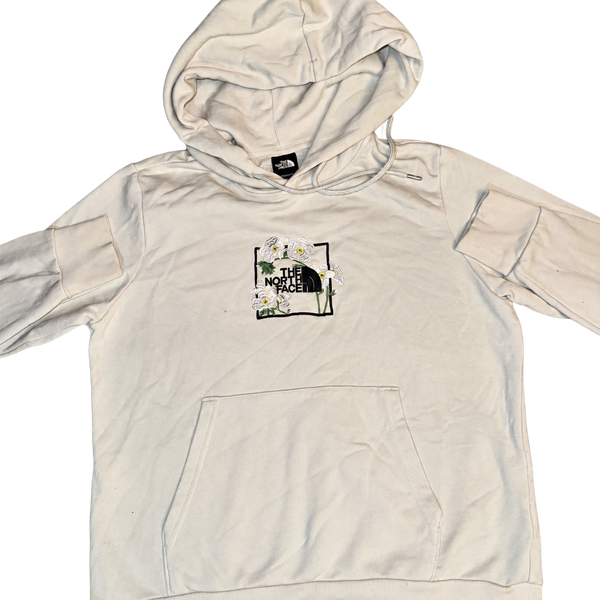 The North Face Floral Box Logo Hoodie Size M Cream Embroidered