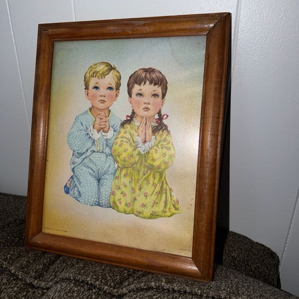 Charlot Byj Amen Framed Vintage Praying Children Lithograph Art