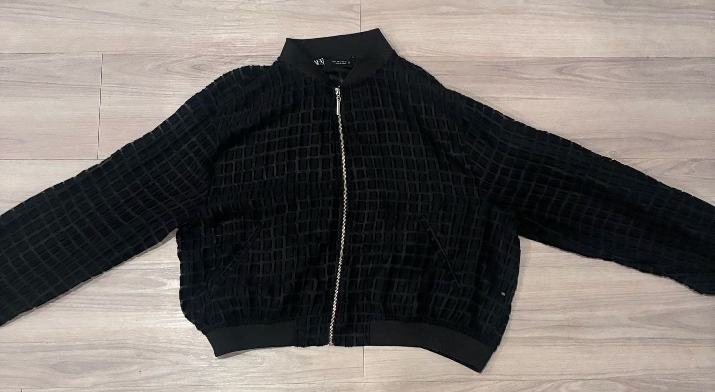Zara Black Sheer Velvet Grid Mesh Bomber Jacket Size M Zip Up 2