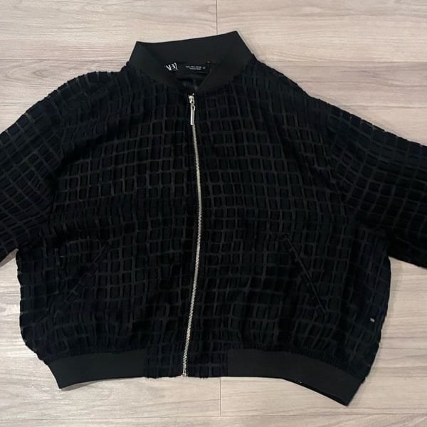 Zara Black Sheer Velvet Grid Mesh Bomber Jacket Size M Zip Up 
