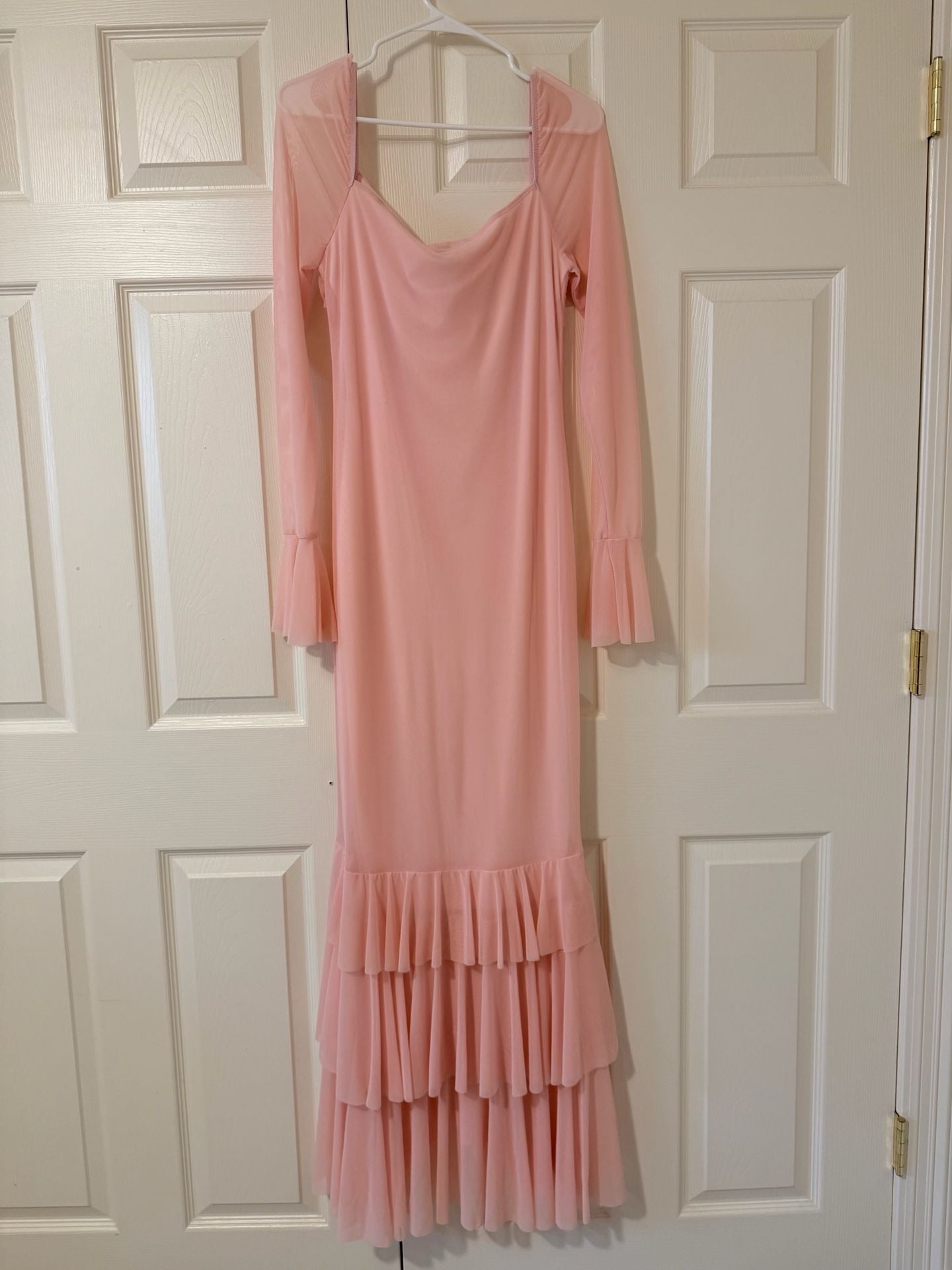 Shein Maxi Dress Size L Pink Rose Detail Ruffle Chiffon 7