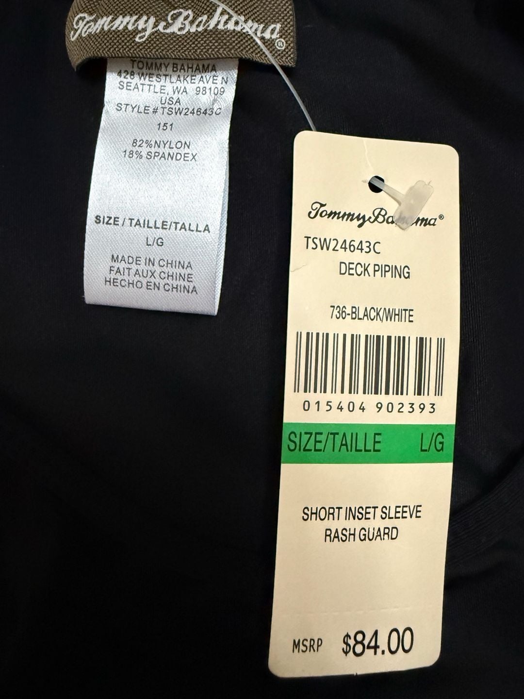 Tommy Bahama Deck Piping Rash Guard Size L Black White - new w tags retail $88! 3