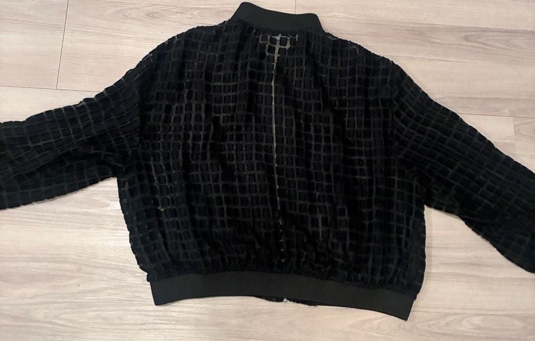 Zara Black Sheer Velvet Grid Mesh Bomber Jacket Size M Zip Up 6