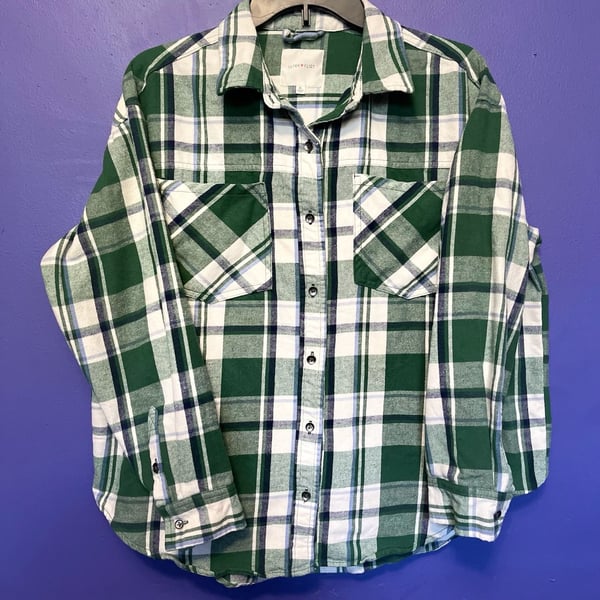 Ultra Flirt Plaid Flannel Shirt Size XL Green White Long Sleeve Button Up