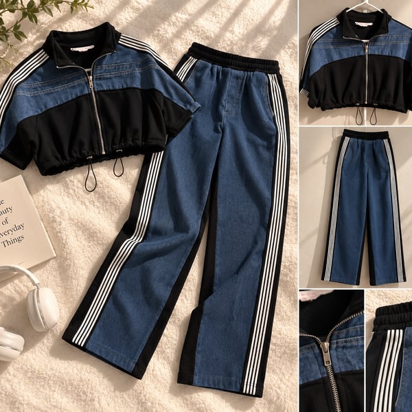 Black and Denim Blue 2-Piece Track Set (top and pant)
