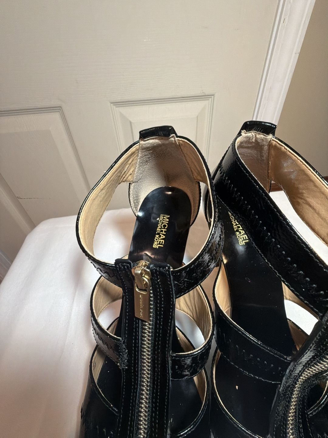 MICHAEL Michael Kors Berkley Heels Black Patent Leather Zip Front 5