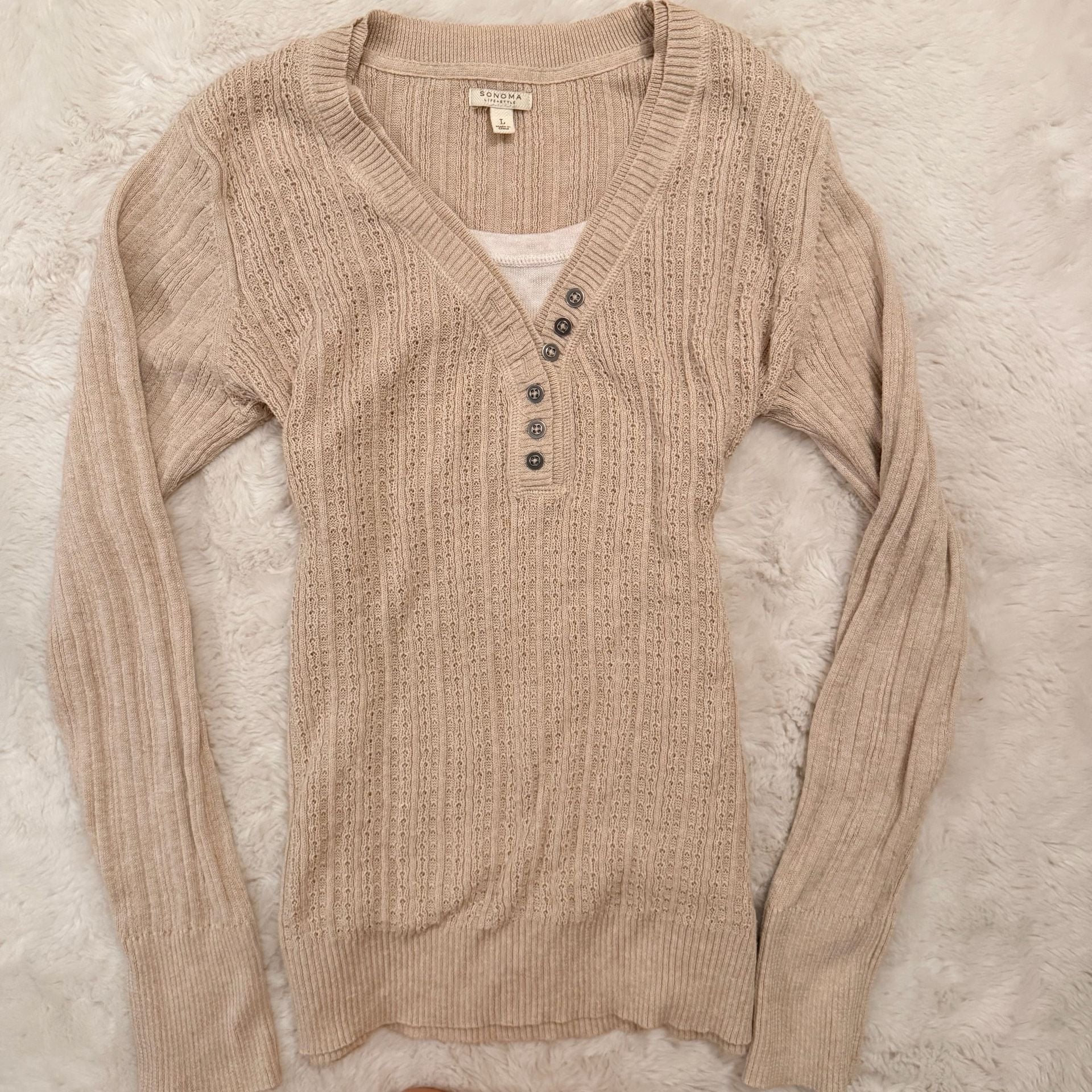 Sonoma Life+Style Ribbed Henley Sweater Size L Beige Long Sleeve V-Neck 2