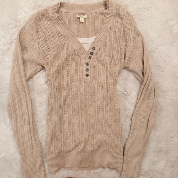 Sonoma Life+Style Ribbed Henley Sweater Size L Beige Long Sleeve V-Neck