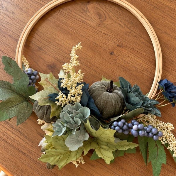 Christmas Tree Shops Fall Pumpkin Floral Wreath Wooden Hoop Decor