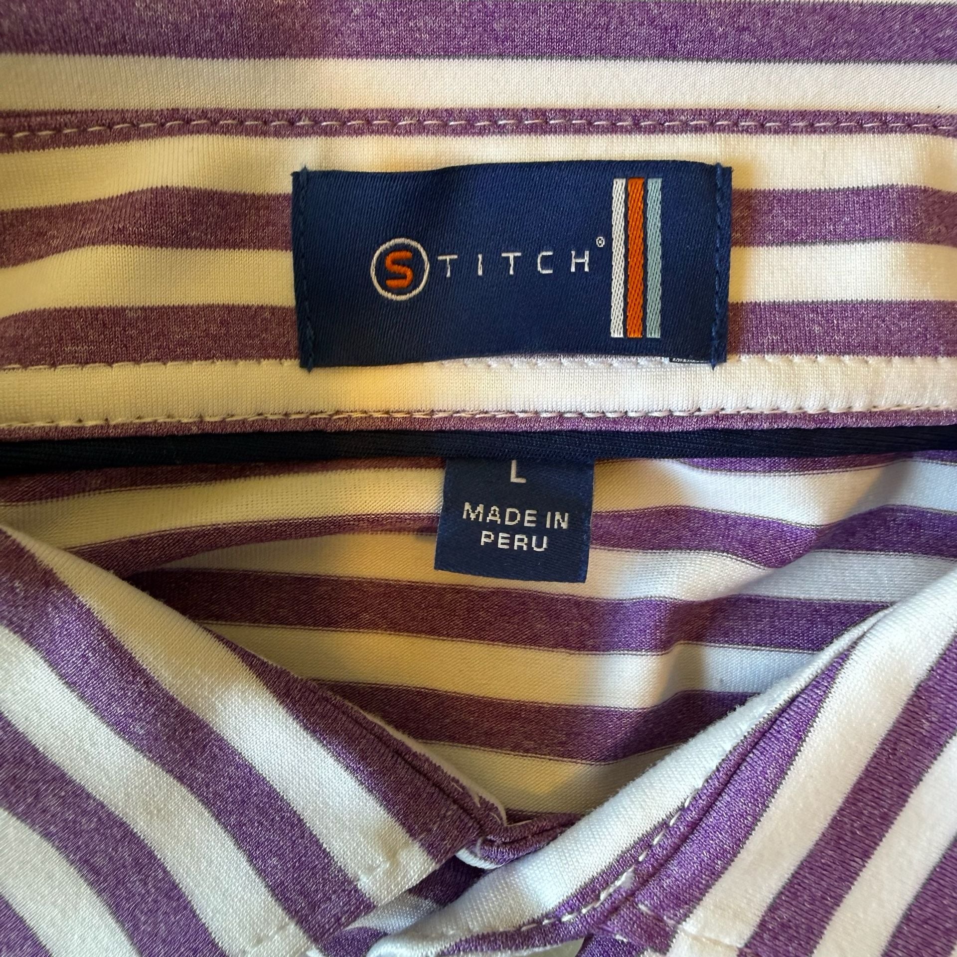Stitch Golf Shirt Mens Large L Purple White Stripe Performance Polo Pine Tree 4