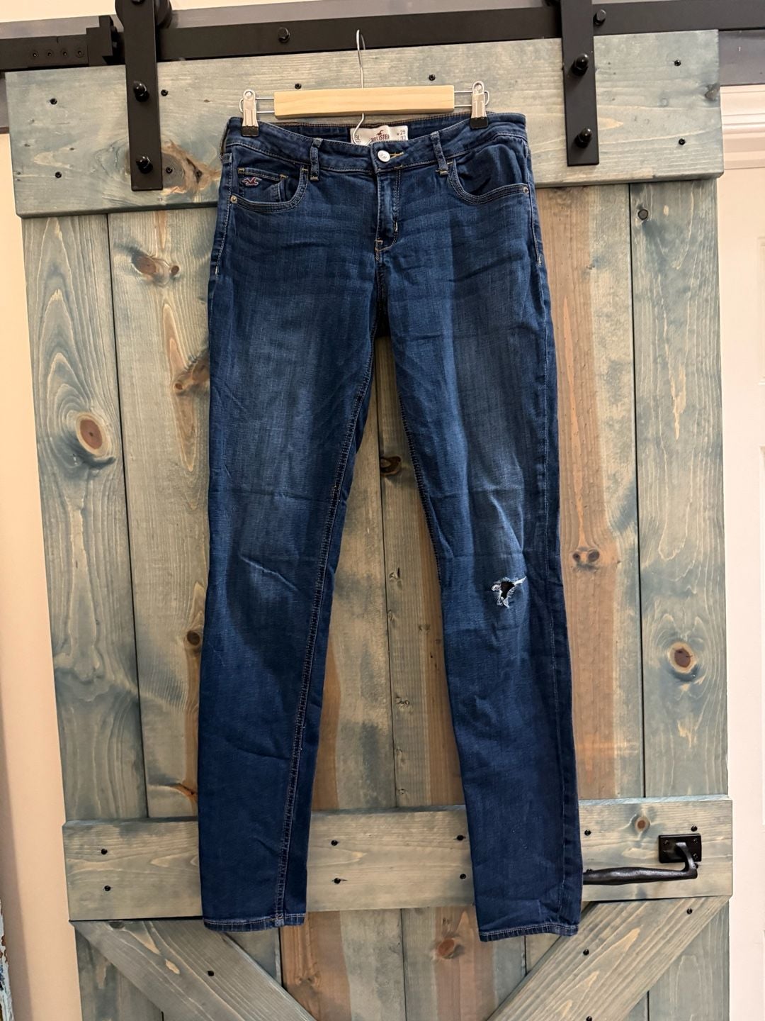 Hollister Skinny Jeans 9L W29 L33 Blue Denim Distressed Knee 3