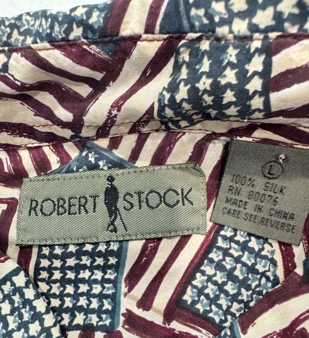 Vintage 90s Robert Stock 100% Silk American Flag Shirt Mens Large USA 3