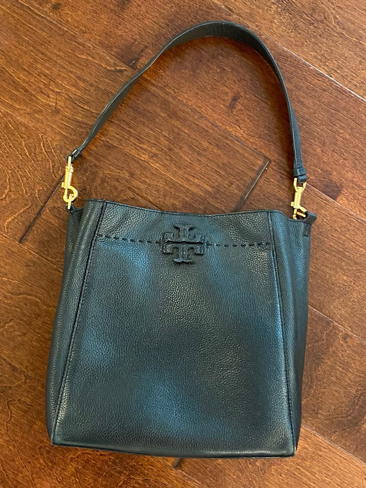 Tory Burch McGraw Black Pebbled Leather Bucket Bag Handbag 2