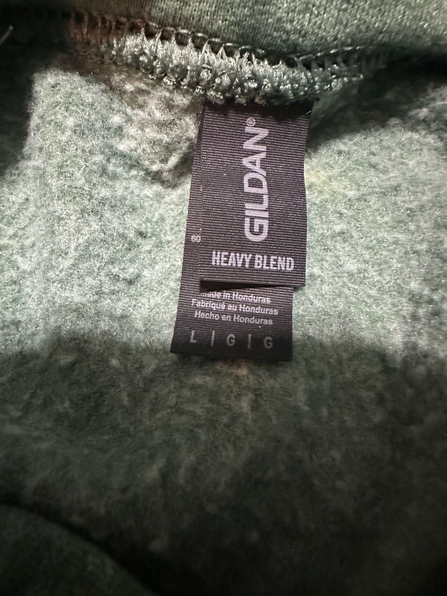 Gildan Heavy Blend Hoodie Size L Green Bleached No City Lights Campfire 6