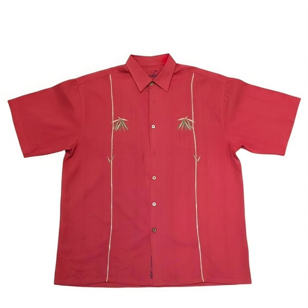 Vintage Bamboo Cay Dual Bamboo Embroidered Camp Shirt Size XL Red Short Sleeve