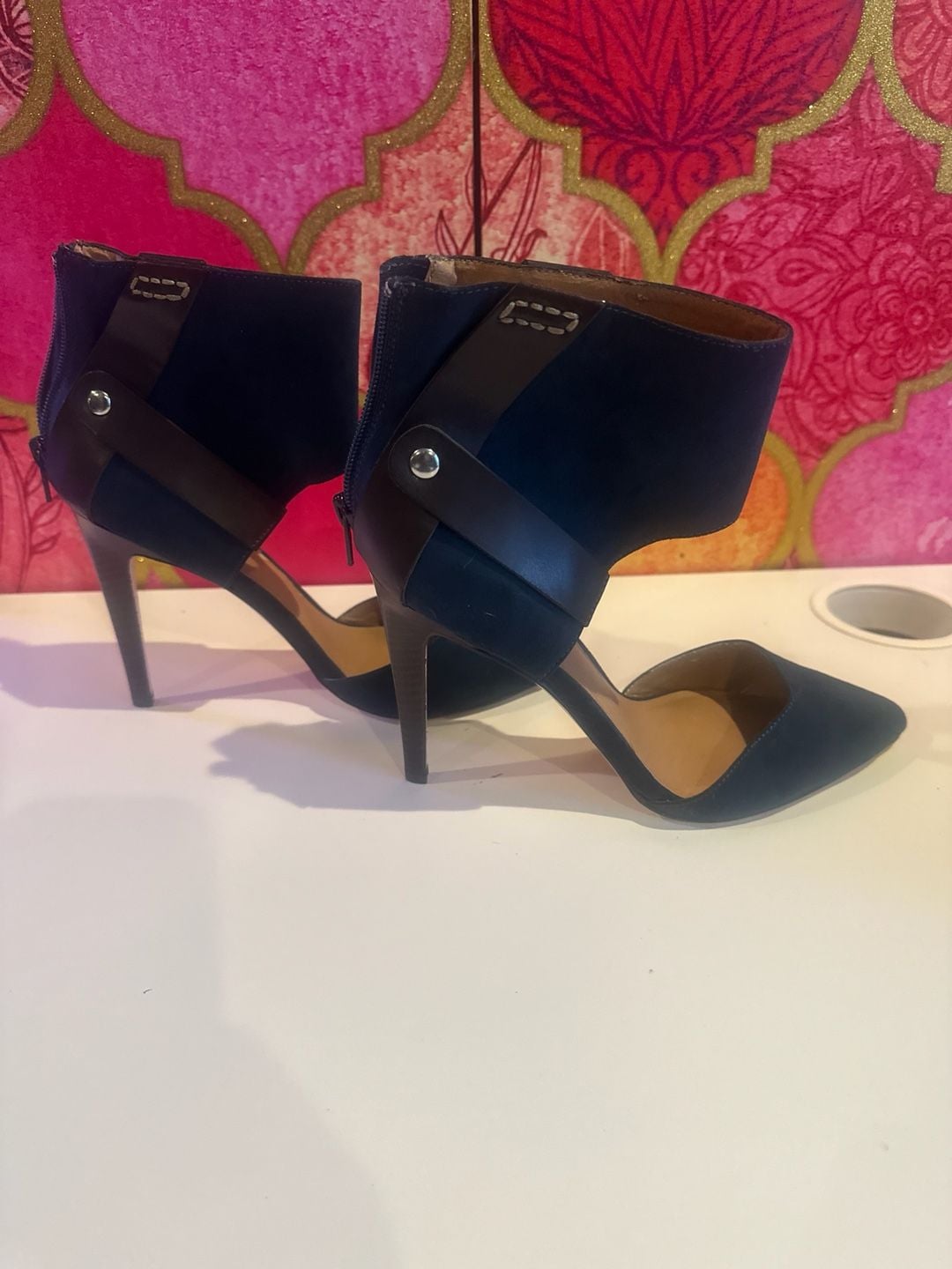 JustFab Navy Blue Brown Ankle Heels 8.5 3