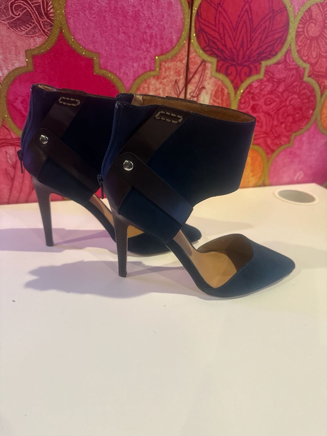 JustFab Navy Blue Brown Ankle Heels 8.5 4