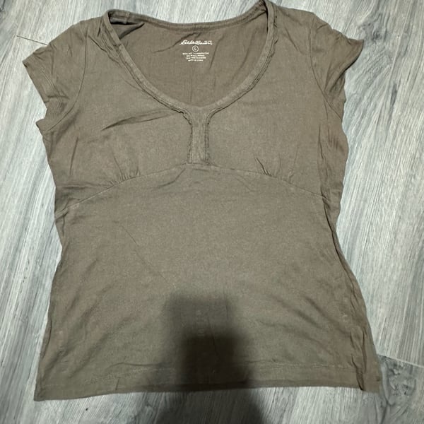 Eddie Bauer V-Neck Top Size L Brown Cotton Modal Silk Short Sleeve Shirt