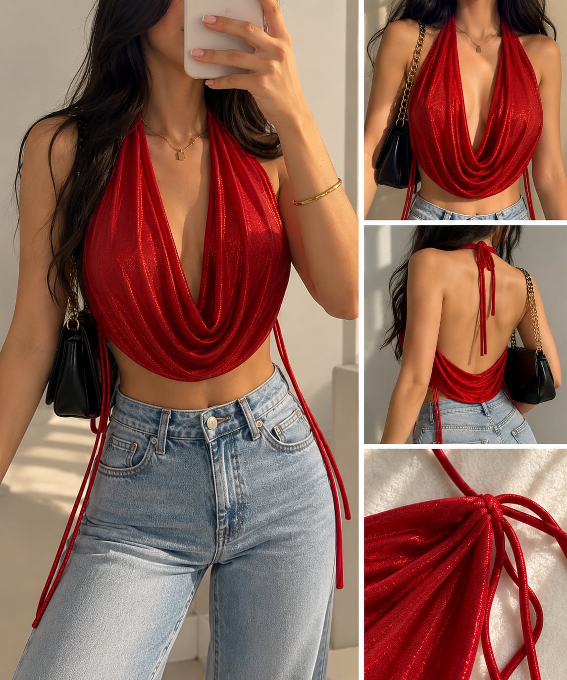 Red Metallic Cowl Neck Halter Top 2