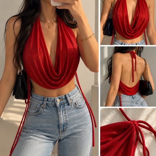 Red Metallic Cowl Neck Halter Top