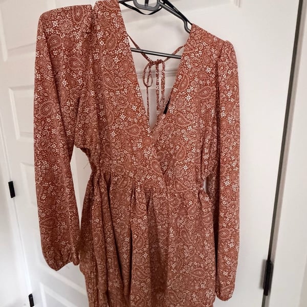 Forever 21 Paisley Romper Rust Long Sleeve V-Neck Open Back
