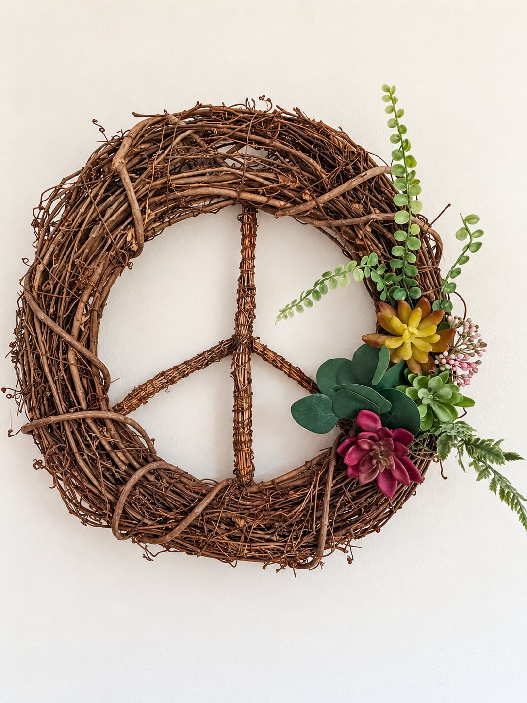 Handmade Grapevine Twig Peace Sign Wreath With Succulents 1