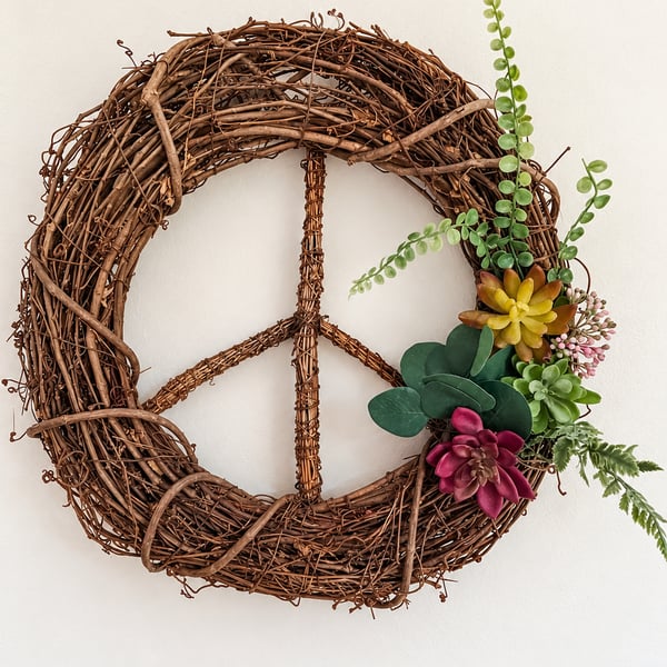 Handmade Grapevine Twig Peace Sign Wreath With Succulents