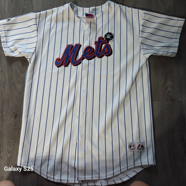 Majestic New York Mets Baseball Jersey Size XL Pinstripe White Blue